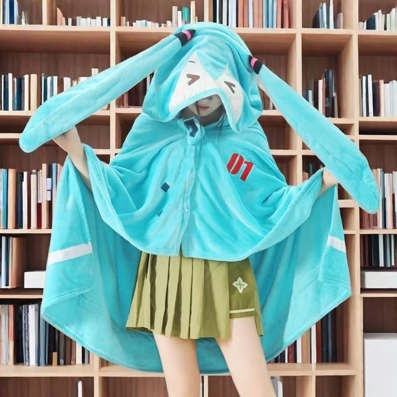 Hatsune Itabag Coperta multifunzionale con cappuccio per aria condizionata, morbida e calda, scialle per la siesta, mantello in flanella Miku, regalo Kawaii