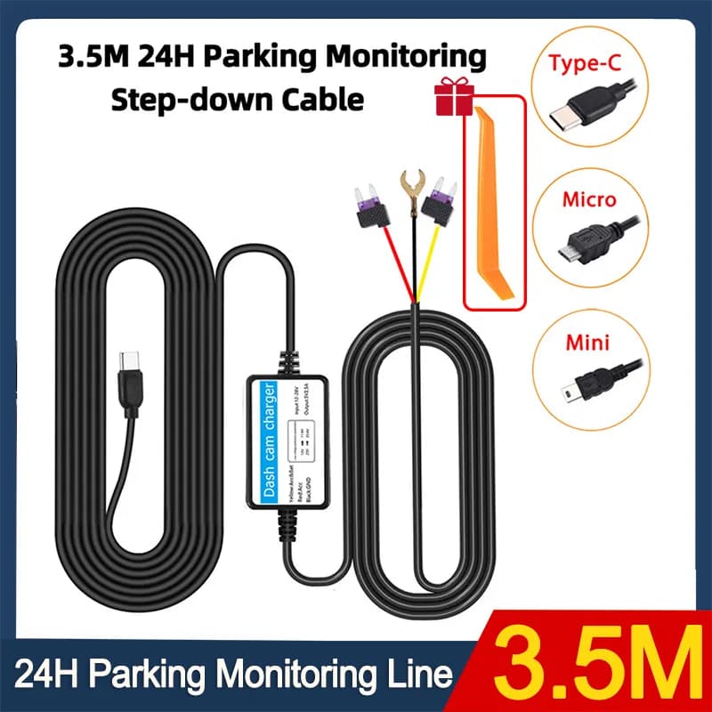 2.5A 3.5m 24H Parking Car Dash Cam DVR 12-24v Cable Rigid Kit Step-Down Line Mini / Micro / Type-C USB Interface Charger