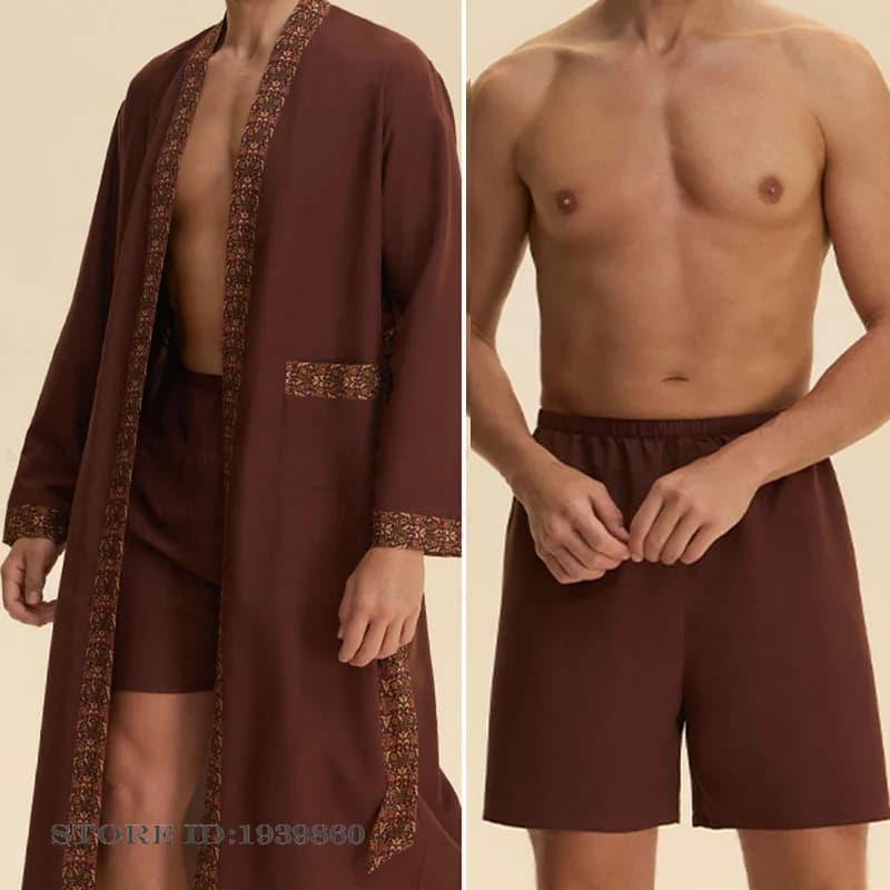 Men's long pajamas in two pieces Set baroque style Print Kimono Bathrobe Nightwear Spring Summer New Pijama Complete Homewear