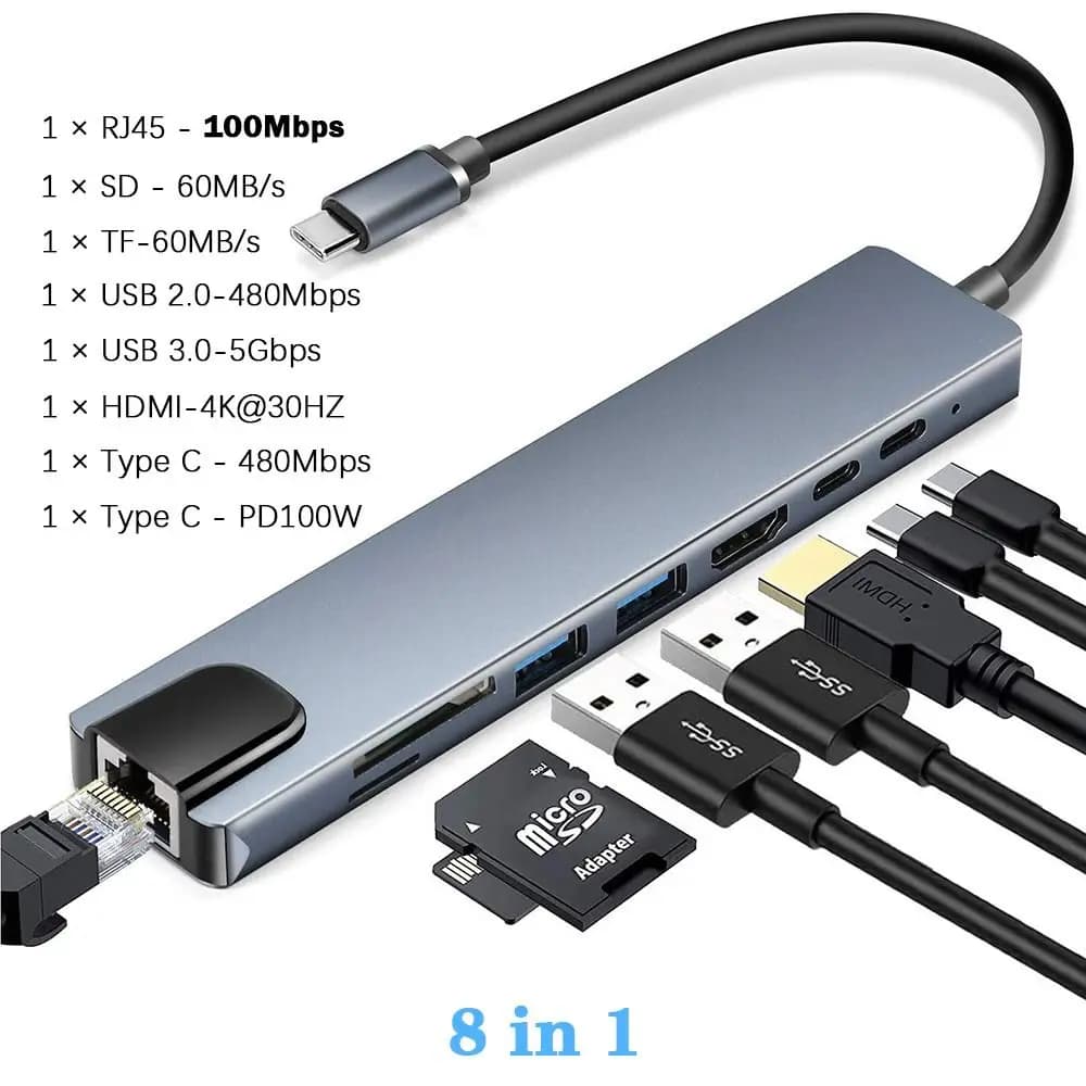 Hub USB-C RJ45 100mbps con lettore di schede SD/TF, ricarica rapida PD, adattatore 8 in 1, custodia in alluminio, docking station per laptop con HDMI 4K