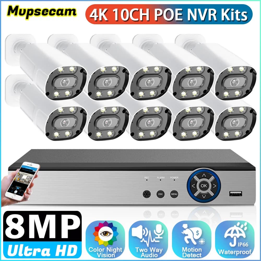 Kit di Videosorveglianza CCTV con Visione Notturna a Colori 8MP, Sistema di Telecamere di Sicurezza 4K POE, Kit NVR POE 8CH, Set di Telecamere IP con Audio Bidirezionale 8CH