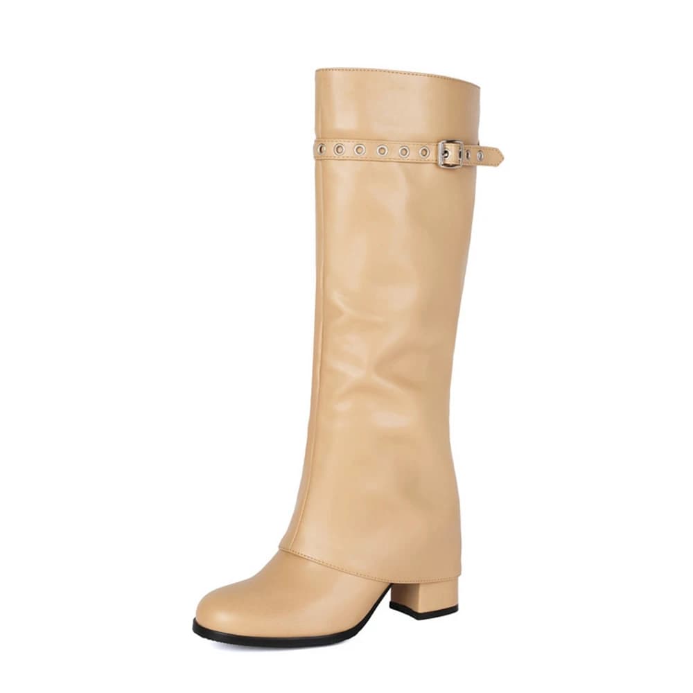 Women Buckle Eyelet Knee High Boots Slouch Wide Calf Block Heel Western Boots 35-43 Black White Apricot WS-67