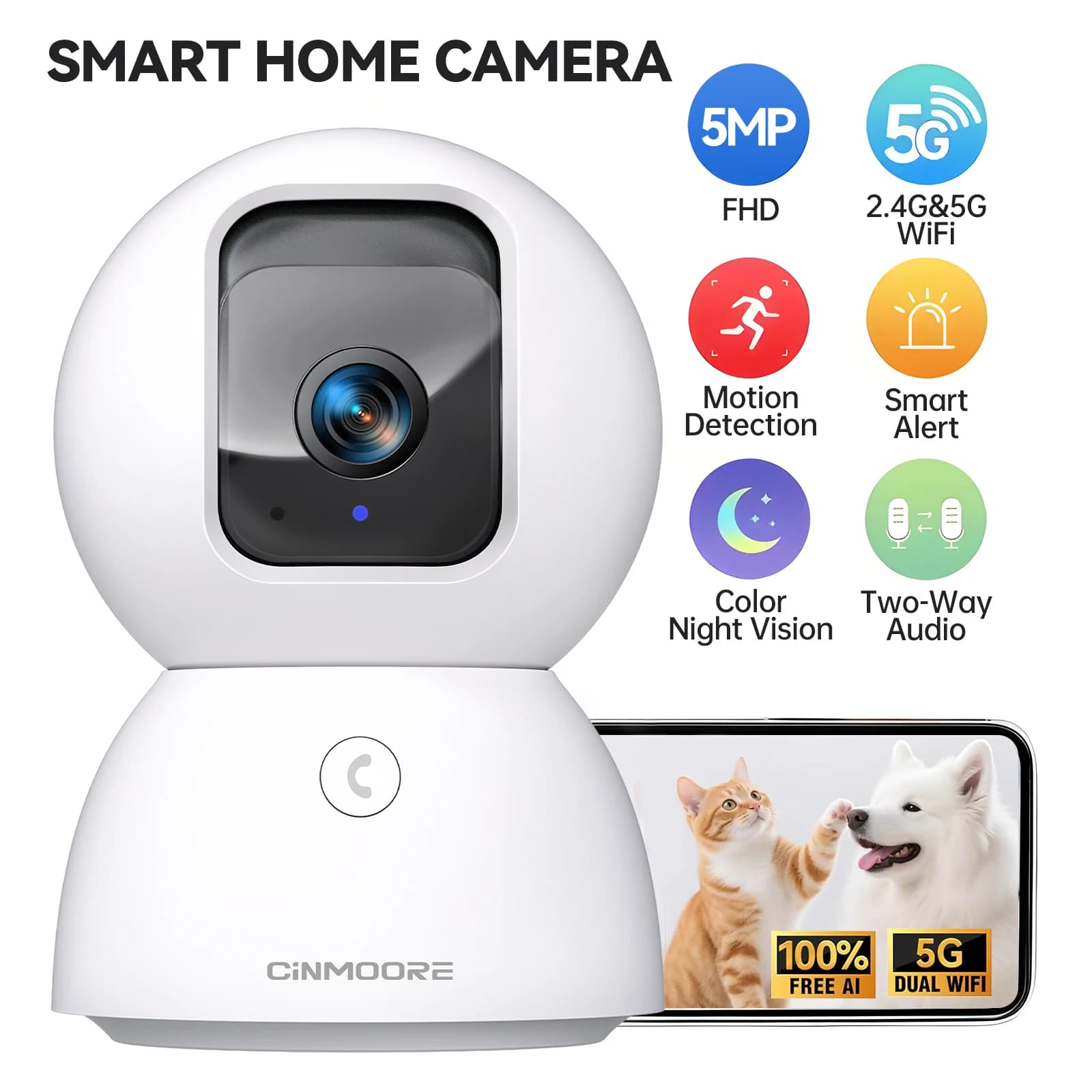 CINMOORE Telecamera di Sicurezza Domestica 3K 5G WiFi, Telecamera PTZ per Animali Domestici/Cani, Baby Monitor con App per Smartphone, Visione Notturna Senza Luce, Telecamera IP