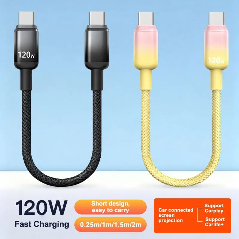 120W 5A Short USB C to USB C Fast Charging Cable for Car,Nylon Braided Durable Charger Cord Compatible with iPhone 17/16,Samsung