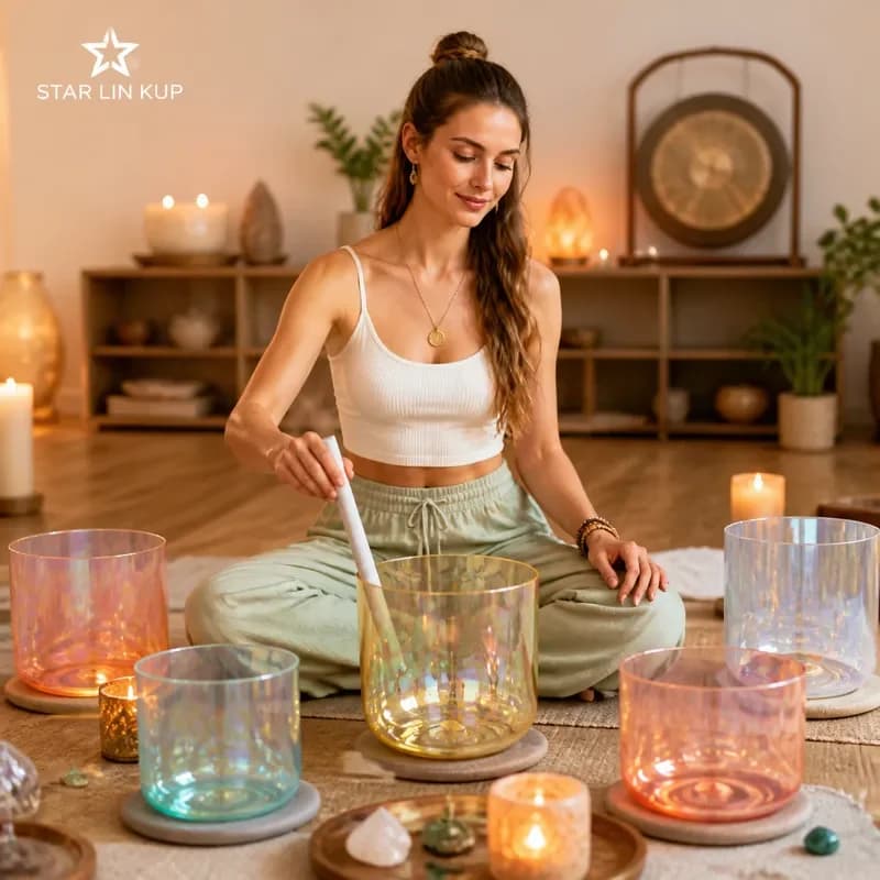 STAR LIN KUP 7 Chakra Crystal Singing Bowl Set Yellow Quartz Meditation Sound Healing Alchemy Bowls for Yoga Relaxation