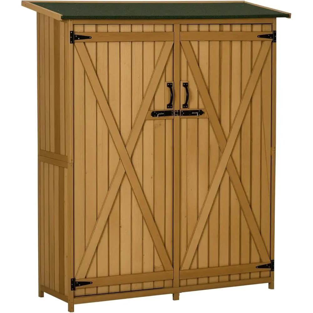 Armadio da Esterno in Legno con Tetto Impermeabile, Porta con Serratura, 3 Ripiani per Attrezzi da Giardino ed Equipaggiamento per Prato