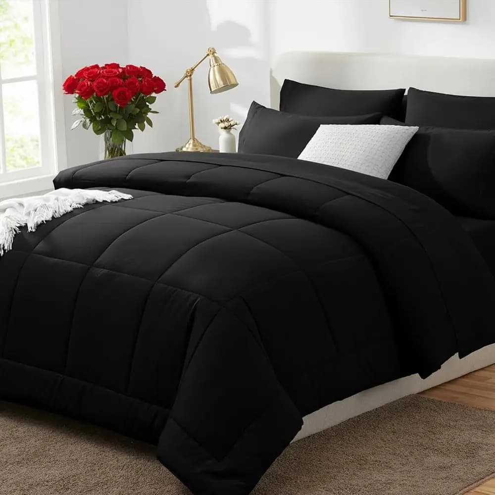 Set Copripiumino Queen Nero, 7 Pezzi, Set Completo per Letto Queen, Set Biancheria da Letto per Tutte le Stagioni con Copripiumino Trapuntato
