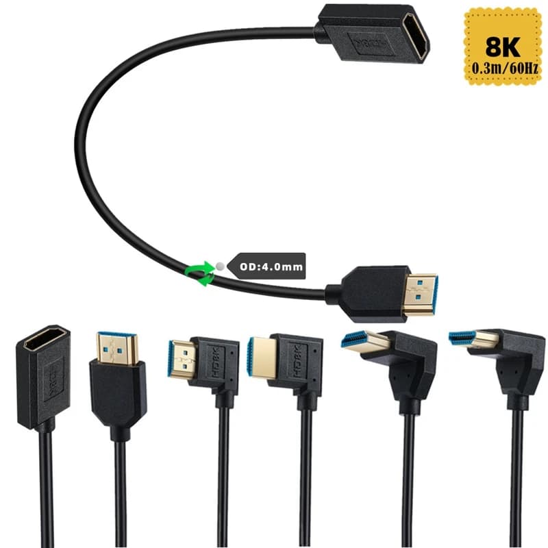 HDMI 2.1 extension cable from 0.3m, 8K 60Hz version 4K 120Hz, Angle 90 Degrees, Male-Femmina compatible, HD fine wire OD4.0mm