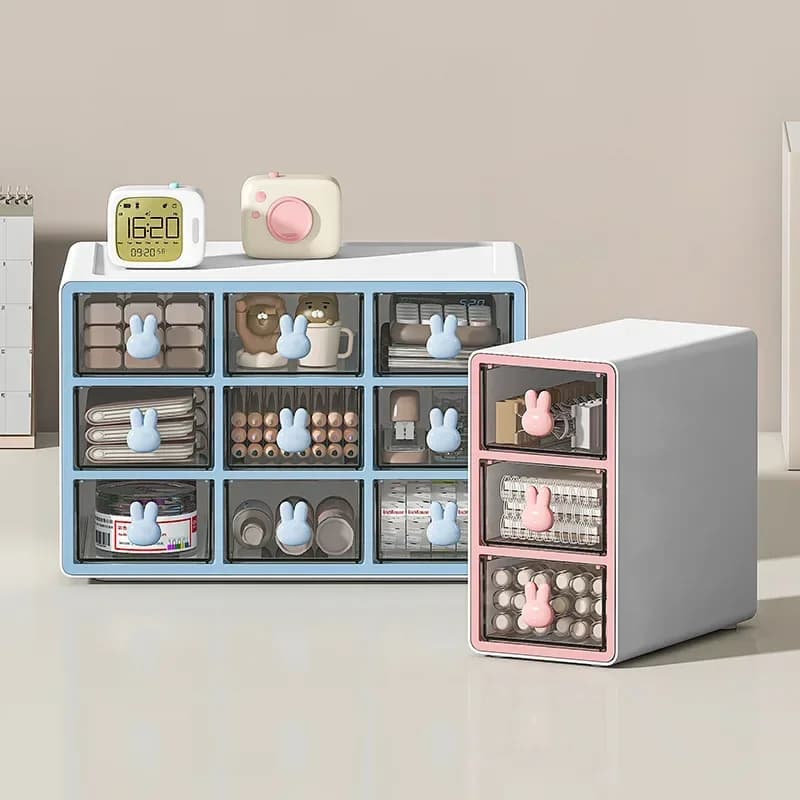 Organizzatore per cassetti da scrivania addensato con 3/9 griglie, cartone animato, coniglio, cancelleria, scatola di immagazzinaggio per desktop da ufficio, organizer per trucco trasparente