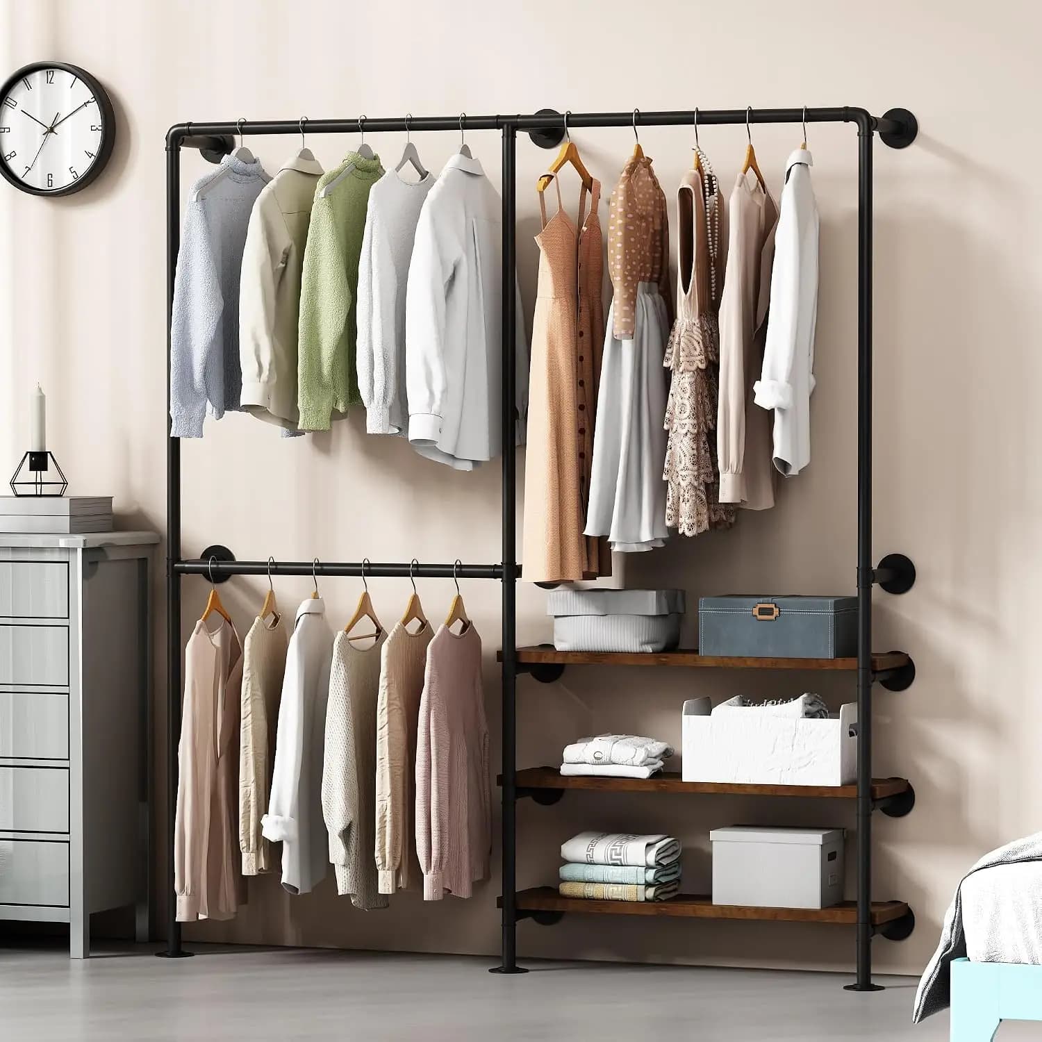 70.8 Inch Black Wall Mounted Industrial Pipe Garment Rack with Storage Shelves, Heavy Duty Multi-Purpose Wardrobe Clothes Hanging Closet Organizer