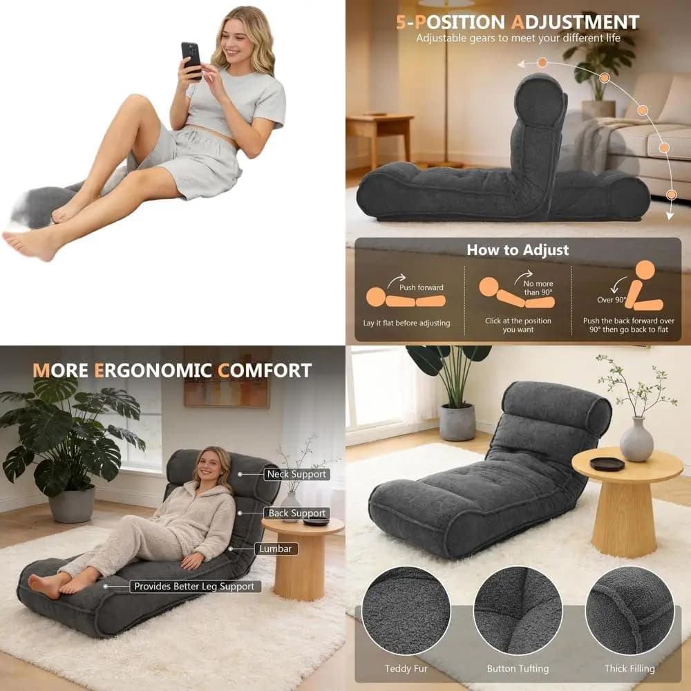 Sedia da pavimento 67 con schienale regolabile per meditazione, relax, gaming e riposo, colore grigio