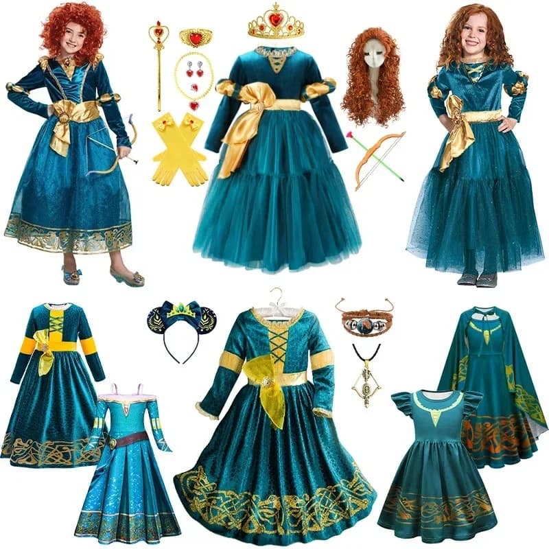 Cartoon Movie Princess Merida Dress Halloween Brave Princess Costume ren Green Velvet Long Sleeve Vintage Clothes