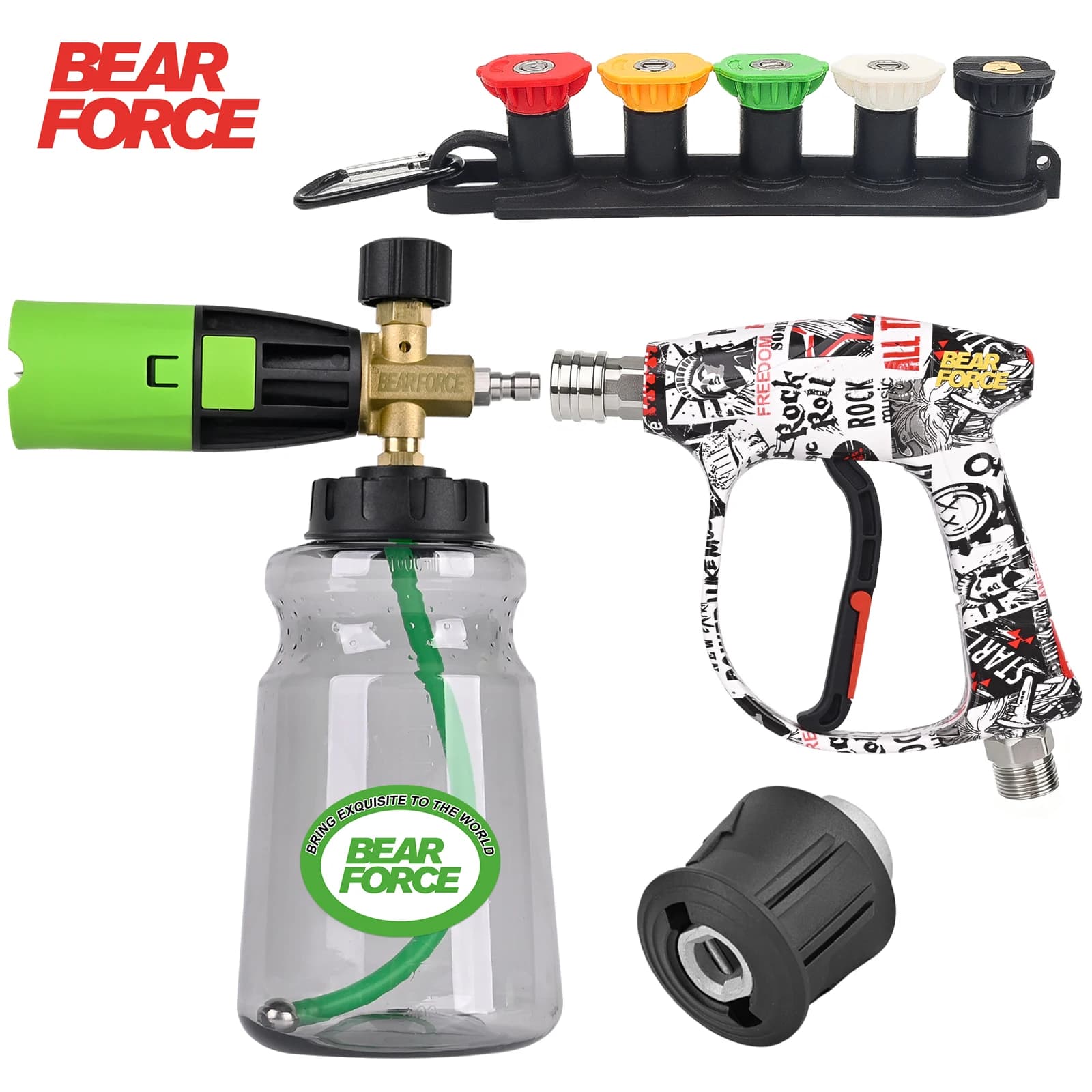 Set BEAR FORCE per Idropulitrice con Cannone a Schiuma e Pistola Spray – Dispenser di Sapone con Lancia a Schiuma a Bocca Larga per Lavaggio Auto, Bottiglia da 1L
