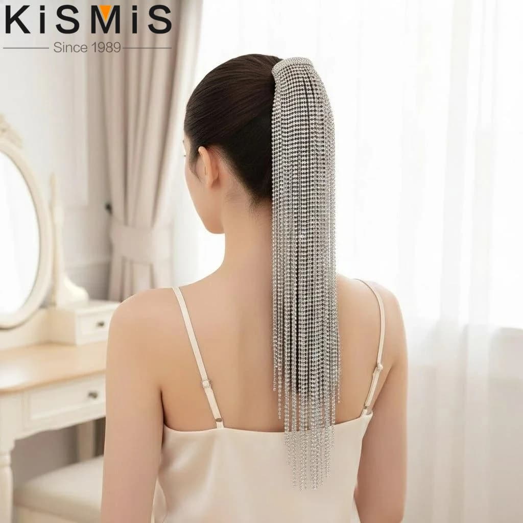 Fermacapelli a catena lunga con frange, accessorio per capelli a coda di cavallo con tiara di diamanti scintillanti, design esagerato per donne e ragazze
