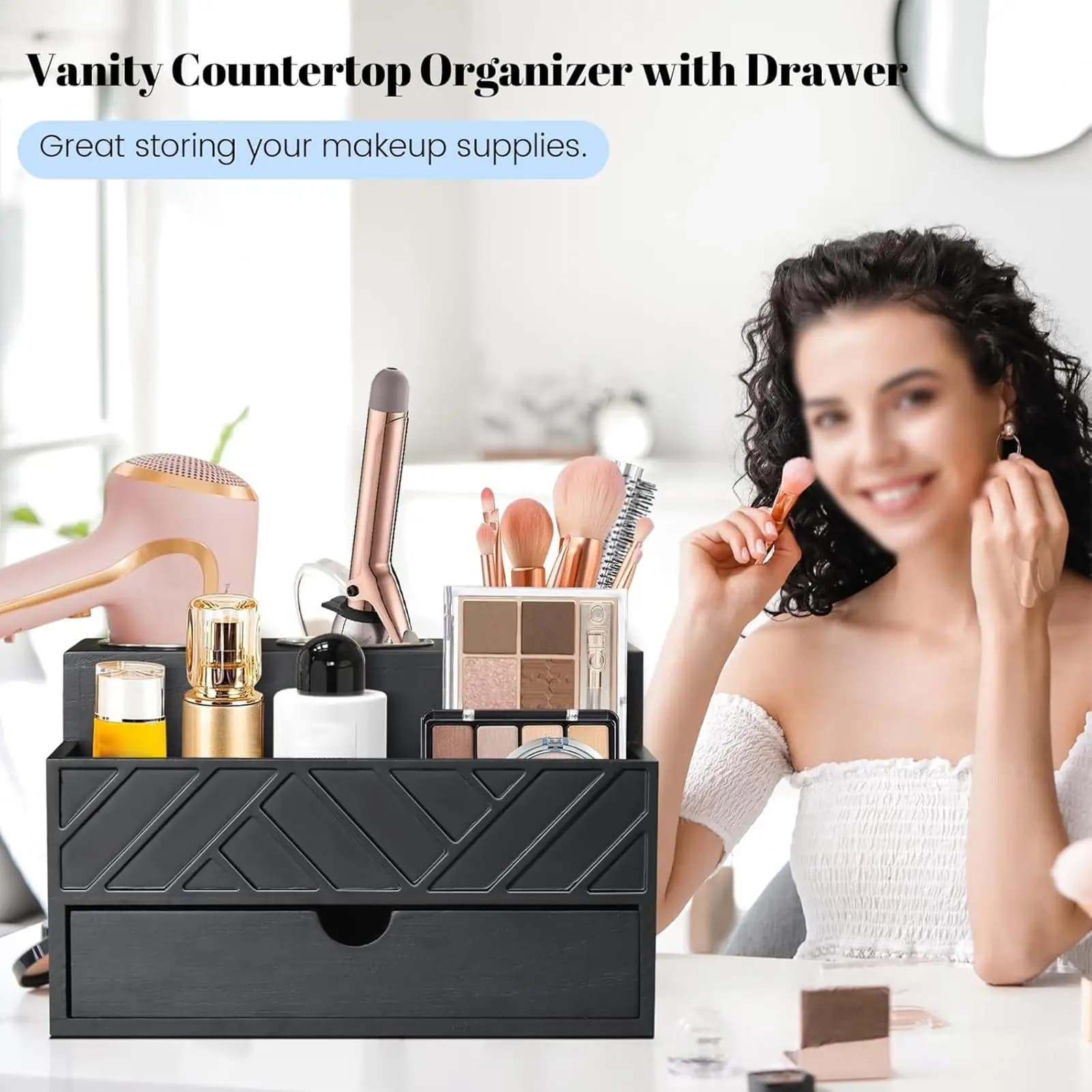 Hair Dryer Stand Wooden Space Saving Modern Bathroom Storage Blow Dryer Holder Wall Mounted For Brush Straightener Curling Iron