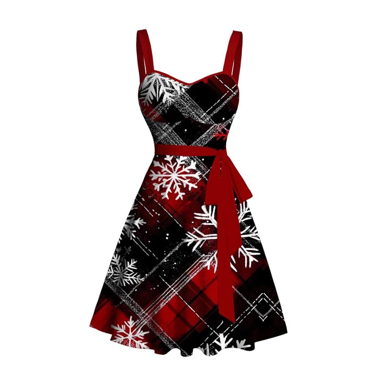 Dressfo Abito da festa di Natale delle nuove donne Plaid Fiocco di neve Stampa Cintura increspata Collo a cuore Mini abito abiti