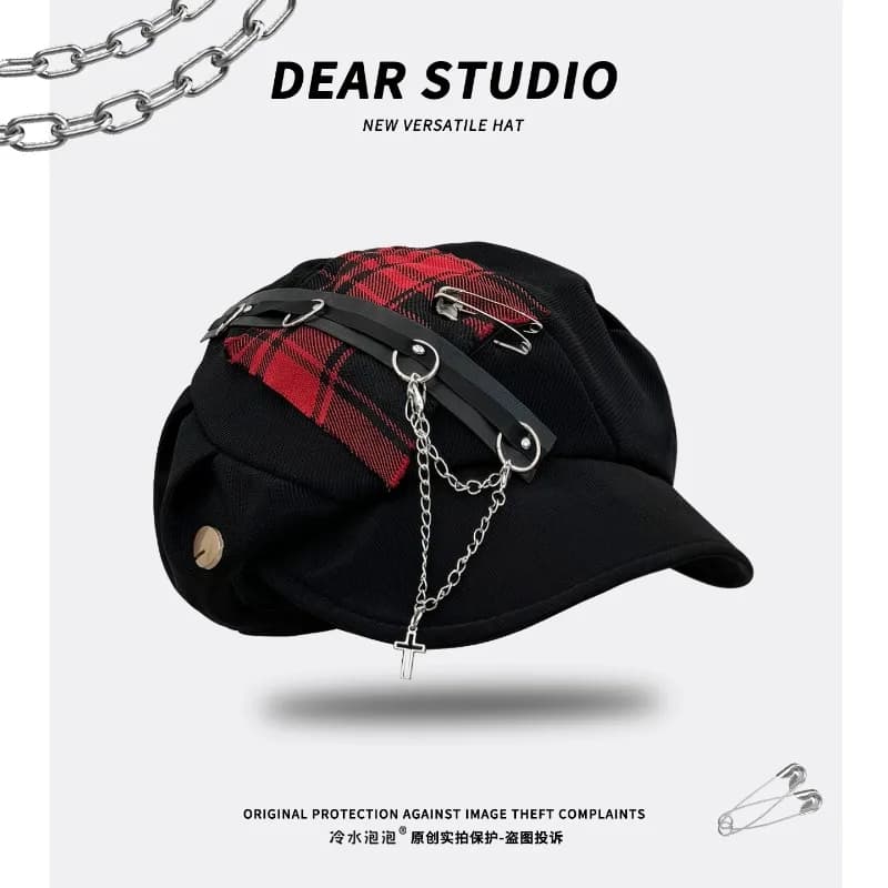 Vintage Gothic Style Chain Plaid Berets Cap for Women Summer Autumn Travel Personality Versatile Retro Newsboy Hats Y2K