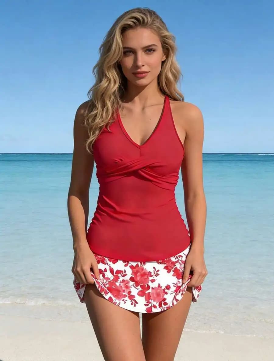 Costume da bagno a due pezzi con gonna a vita alta e top halter con nodo frontale, set tankini floreale rosso e bianco