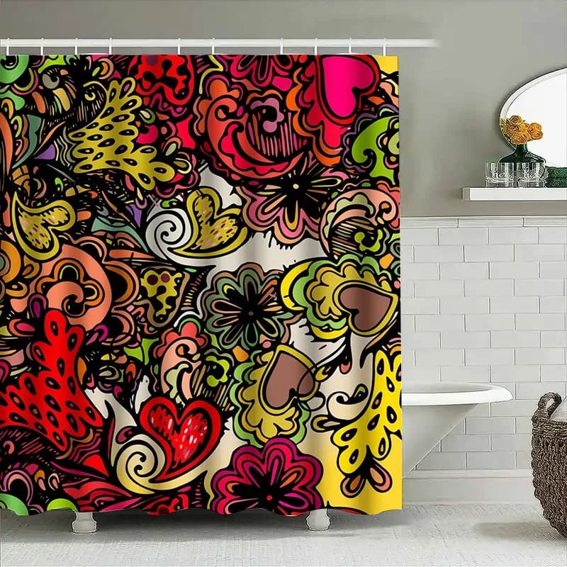 Set di tende da doccia astratte luminoseDesign a cuore floreale per l'arredamento del bagno Tessuto impermeabile non trasparente con tasca per asta