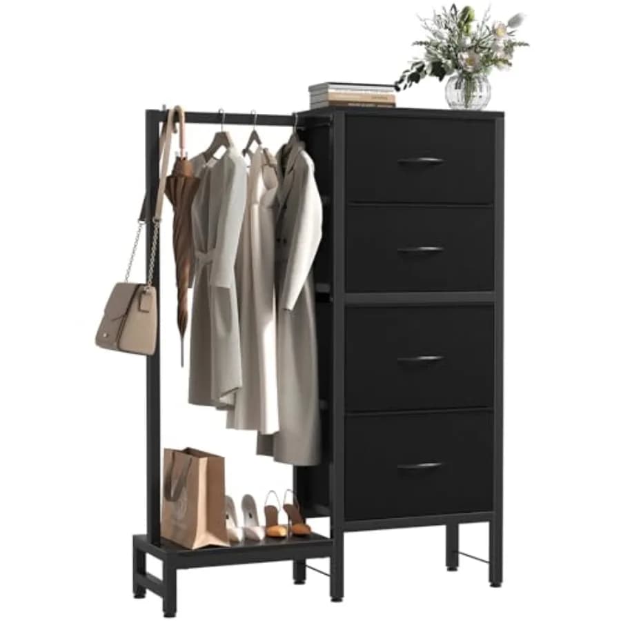 Scaffale portaoggetti 4 in 1 con appendiabiti, porta scarpe, gancio per borse, torre portaoggetti alta, struttura robusta per camera da letto, ingresso, soggiorno