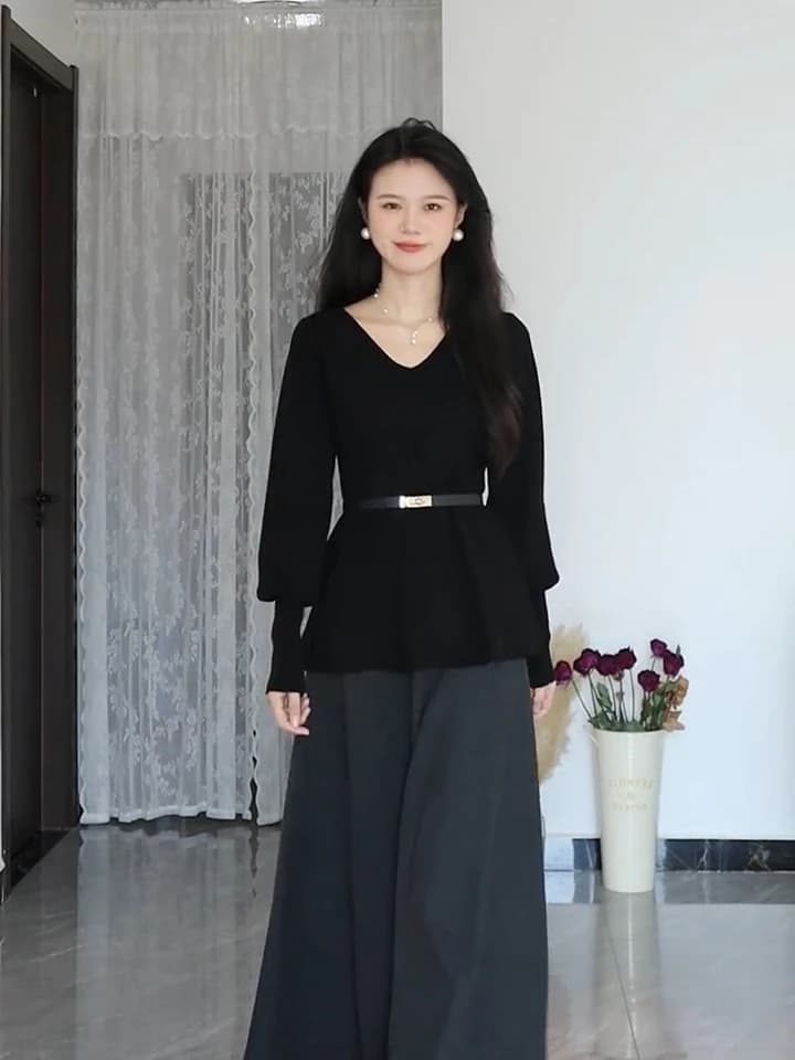 Maglione Nero a Collo a V, Slim Fit, Maniche Lunghe, Lavorato a Maglia con Cintura, Abbigliamento Casual Comodo Stile Coreano per Donna, Primavera