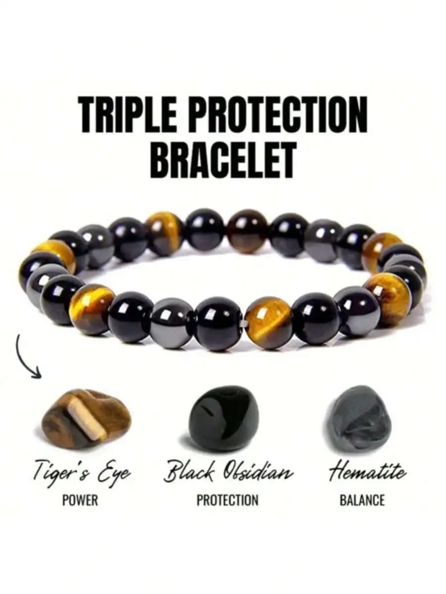 Stainless steel unisex bracelet with magnetic hematitis, tiger eye and oxydiana, triple protection - Robust construction, powerful energy