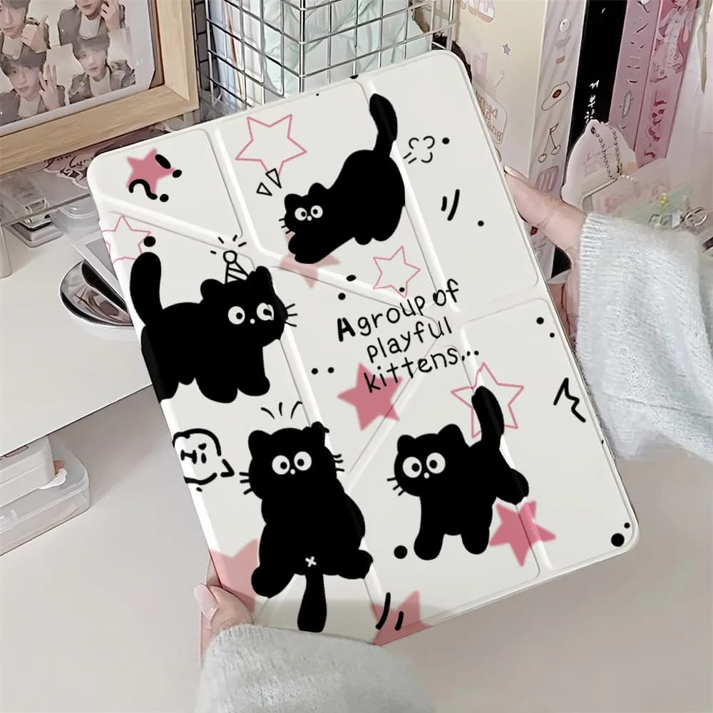 Y-Fold Edge High Clarity Tablet Case for Apple iPad Pro 11 2021/2022 Mini 6 8.3 Inches with Pencil Holder Pink Star Black Cats