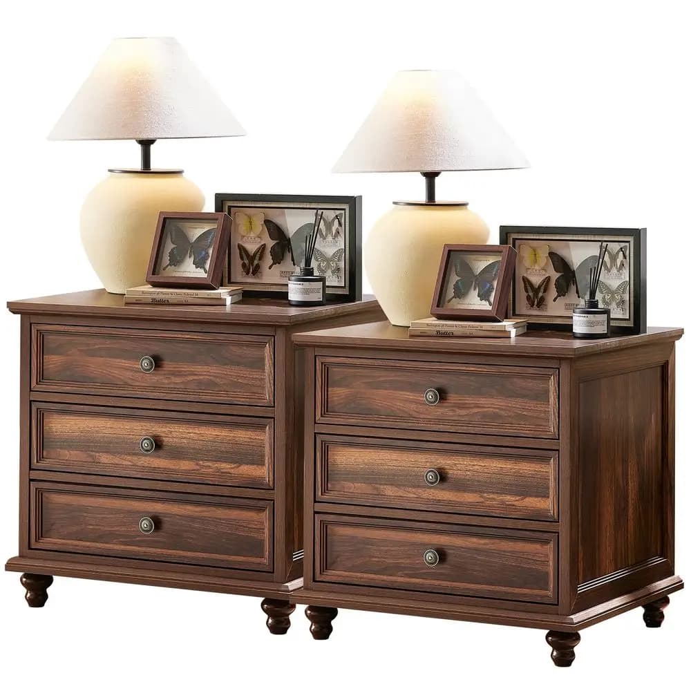 Set di 2 comodini Farmhouse da 24 pollici, tavolino grande con 3 cassetti e maniglia in metallo, comodino in legno marrone per camera da letto, B