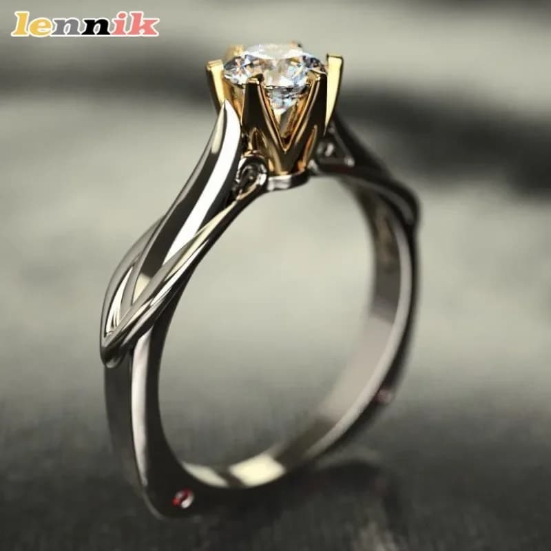 Anello di Fidanzamento Classico Bicolore Placcato con Sei Griffe, Zircone Moissanite Scintillante con Otto Cuori e Otto Frecce, Moda Femminile Leggera