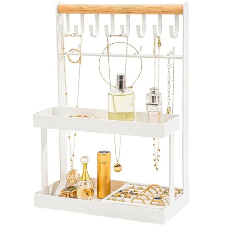 4-Tier Jewelry Organizer Stand with 12 Hooks and Velvet Ring Tray, Necklace Holder, Tangle-Free Jewelry Display for Bracelets R