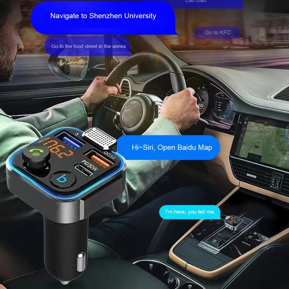 Il trasmettitore FM per auto supporta USB-C QC3.0 PD30W ricarica Bluetooth 5.0 Lettore musicale Caricatore per auto multifunzionale Calli vivavoce