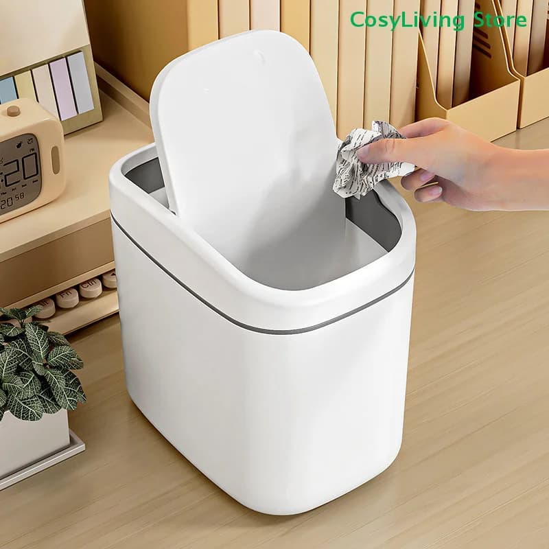 Cestino da scrivania in plastica con coperchio a scatto, mini pattumiera per casa e ufficio, contenitore per rifiuti domestici