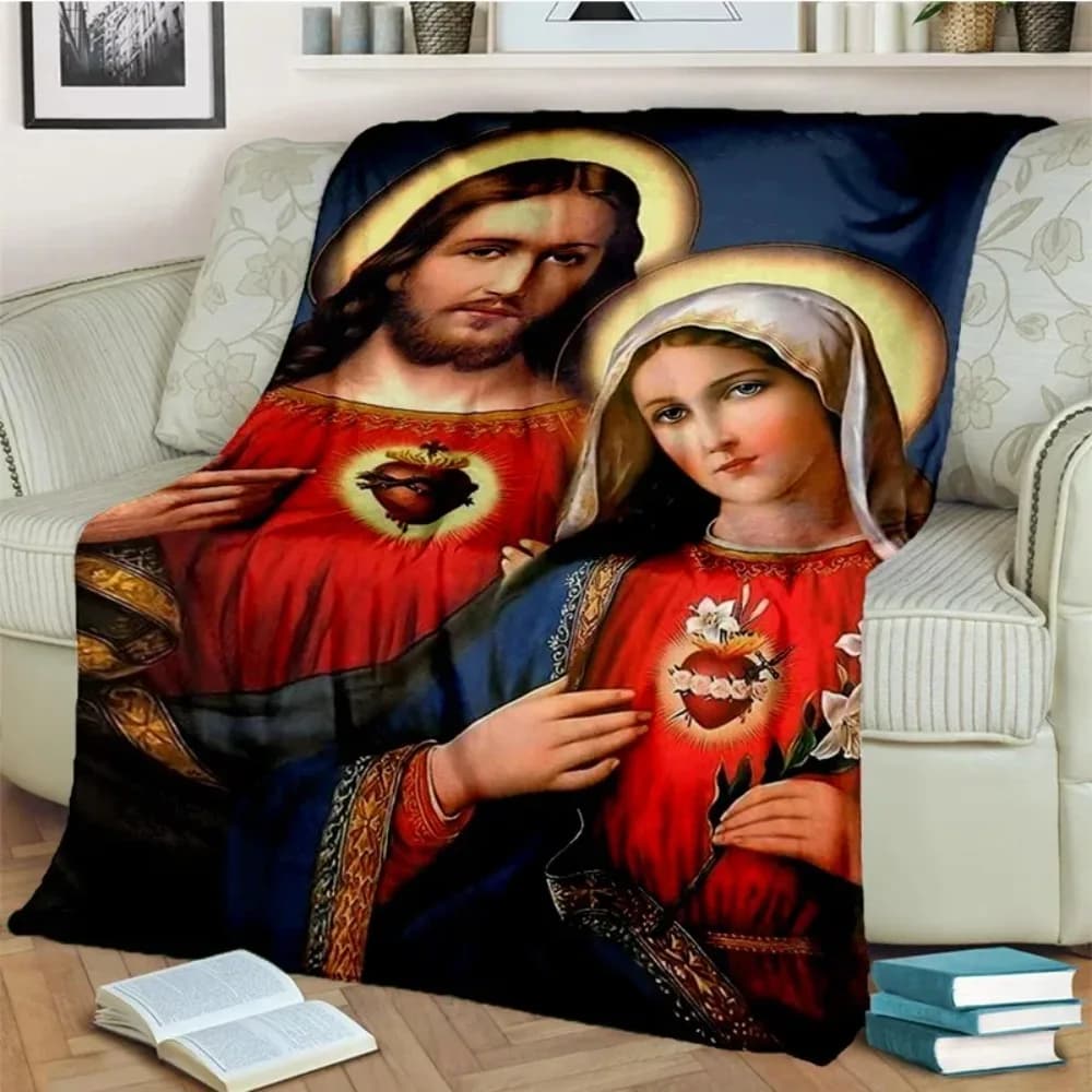 Morbida blanket with images of Jesus and the Virgin Mary, for Home, Bedroom, Sofa, Picnic, Travel, Office, Rest, Suitable for All Seasons