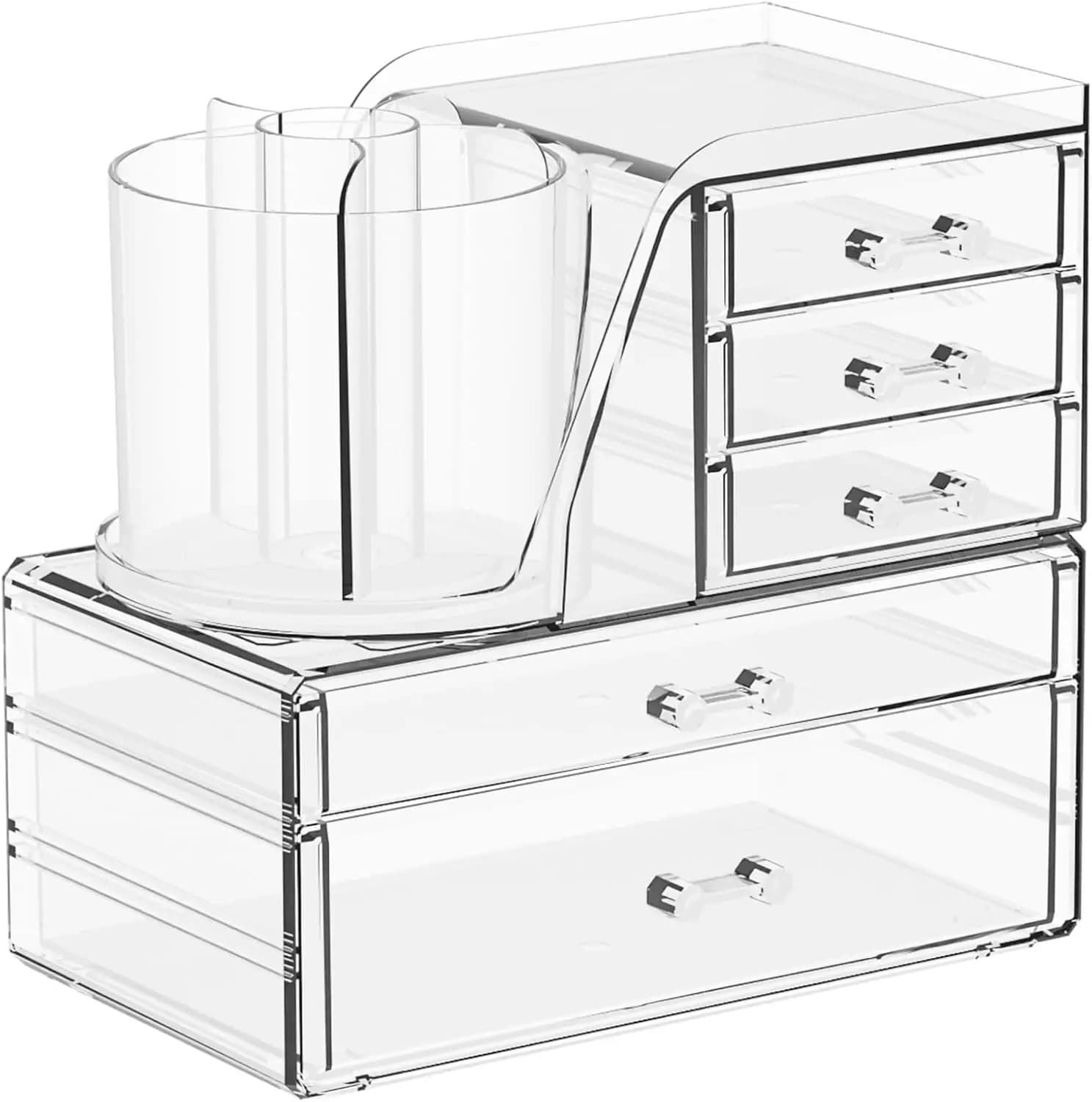 Set di 3 Organizzatori per Trucchi in Acrilico Trasparente con Porta Pennelli, Cassetti per Vanity e Bagno