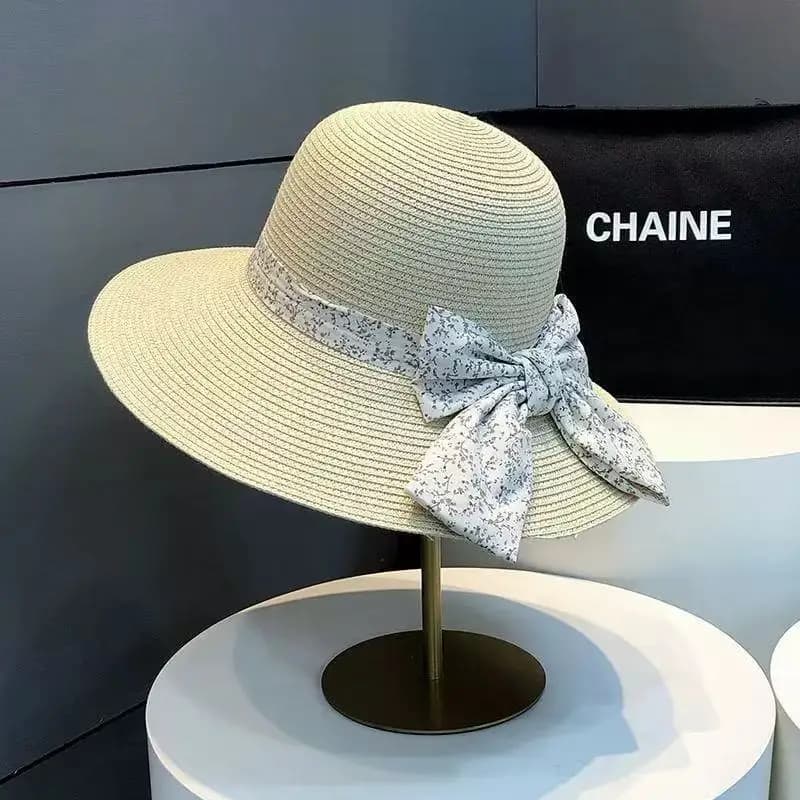 Foldable Straw Bow for Women, Wide Brim Beach Cap, Face Slimming UV Protection, Summer Vacation Outdoor Sun Hat with Bowknot