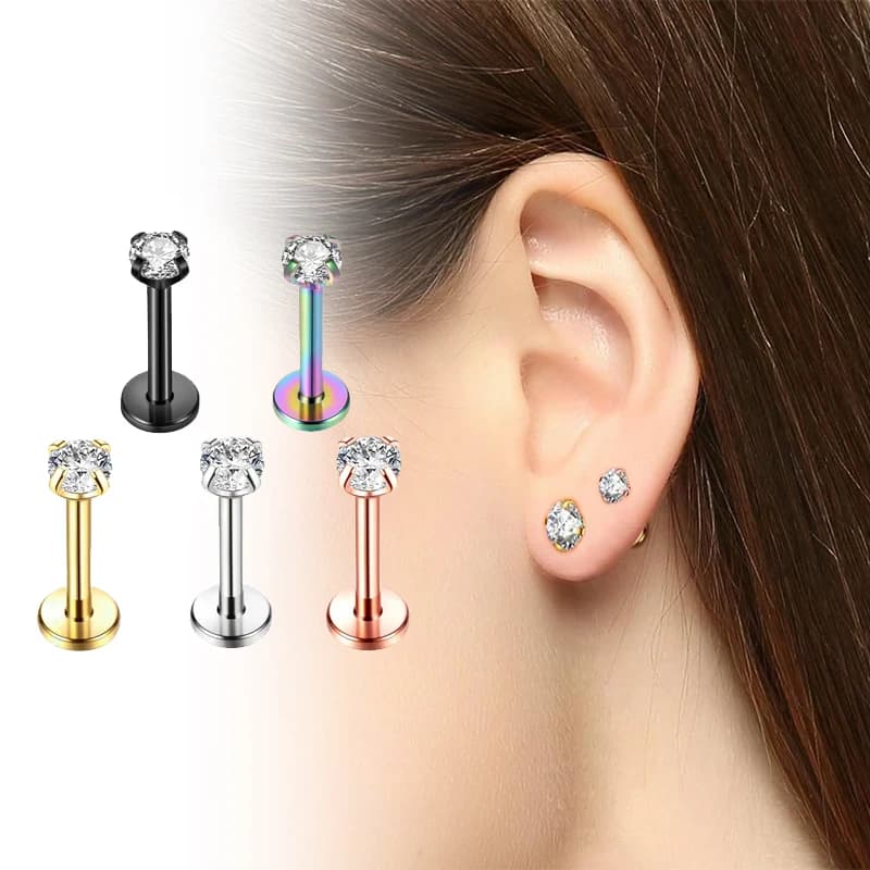 16G Titanium Internally Threaded Flat Back Cubic Zircon Stud Earrings Labret Tragus Cartilage Lip Conch Body Piercing Jewelry