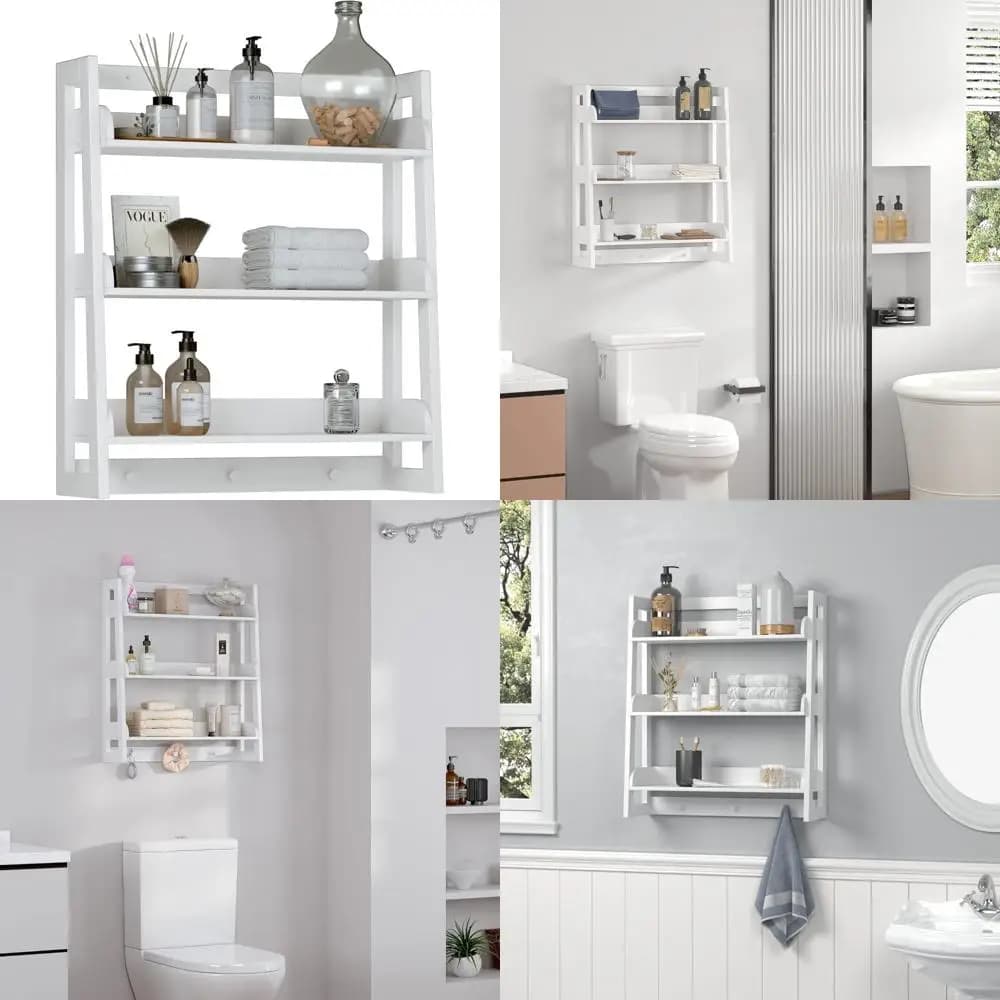 White storage shelf above the toilet at 3 levels with hooks, wall shelf for bathroom, space saving solution