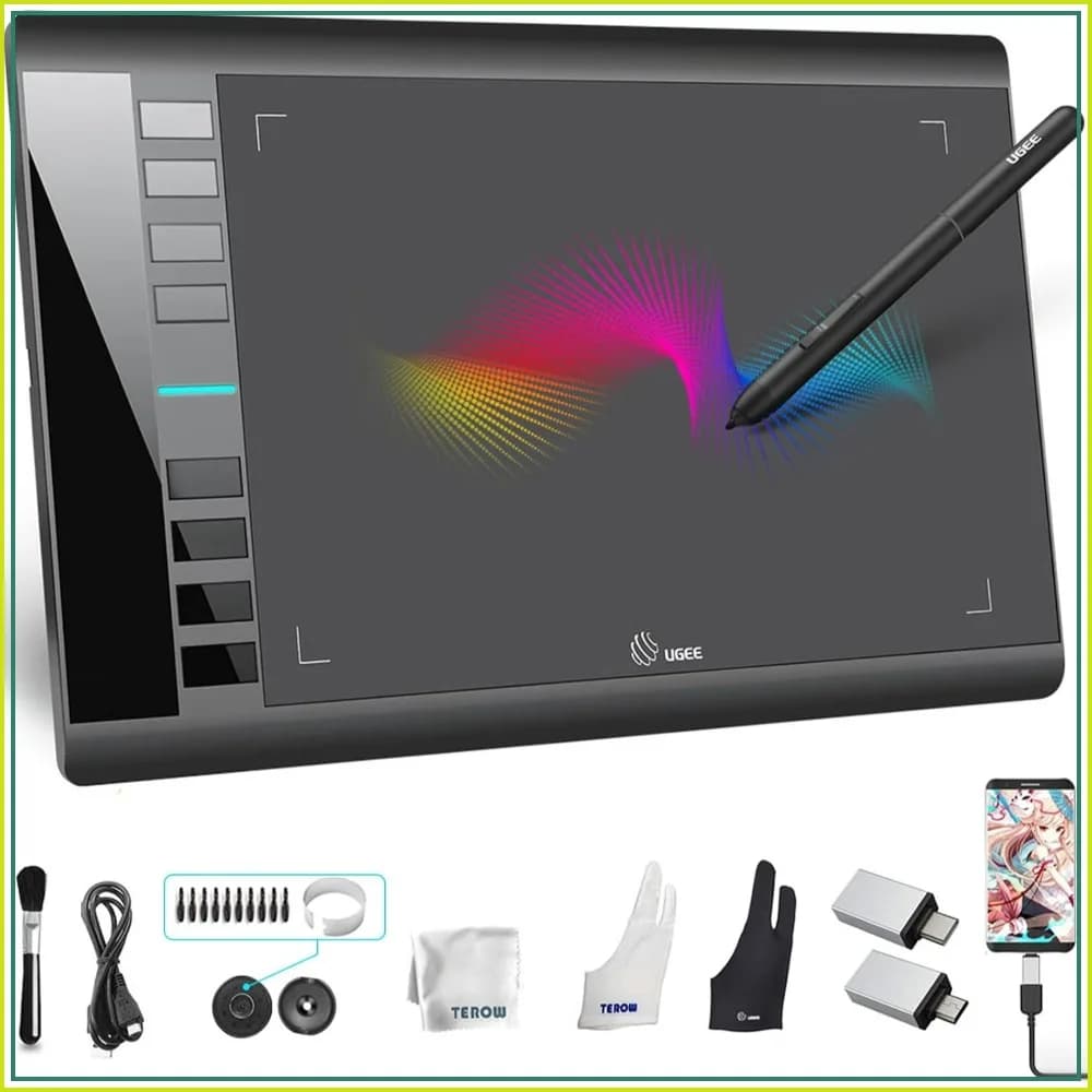 UGEE M708 V2 Graphics Tablet, 10x6 Inch Ultra Thin, 8 Hot Keys, 16384 Level Battery-Free Stylus for PC, Android
