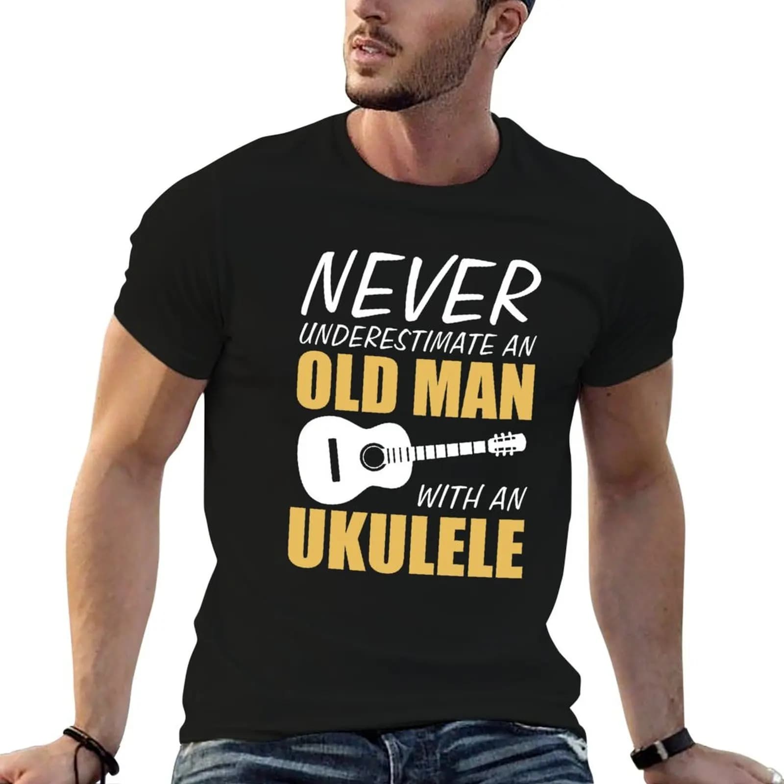 Old Man With Ukulele T-Shirt Work Outdoor T-Shirt for Men