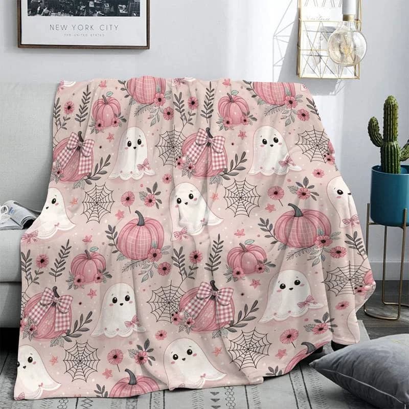 1pc Cute Halloween Pumpkin Ghost Print Blanket, Pink Warm Design, Suitable for Weekend Sofa Naps, Living Room Sofa Cover, Bed End Decor, Reading Time, Camping Leisure
