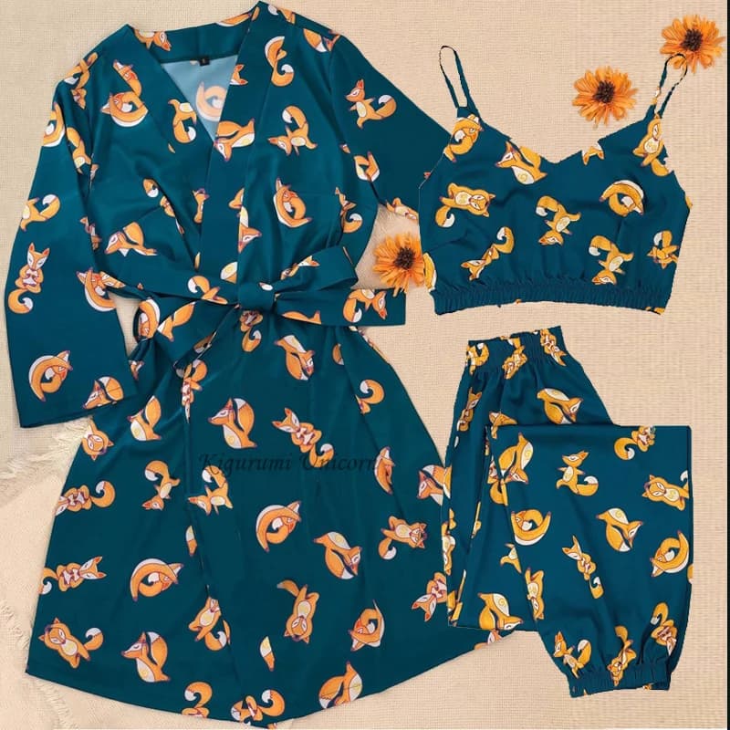 Cartoon Printed Pajamas Set with Robe Women Silk Satin Robe&Sleepwear Nightwear Pijamas V-neck Homewear Clothes Loungewear 3pcs
