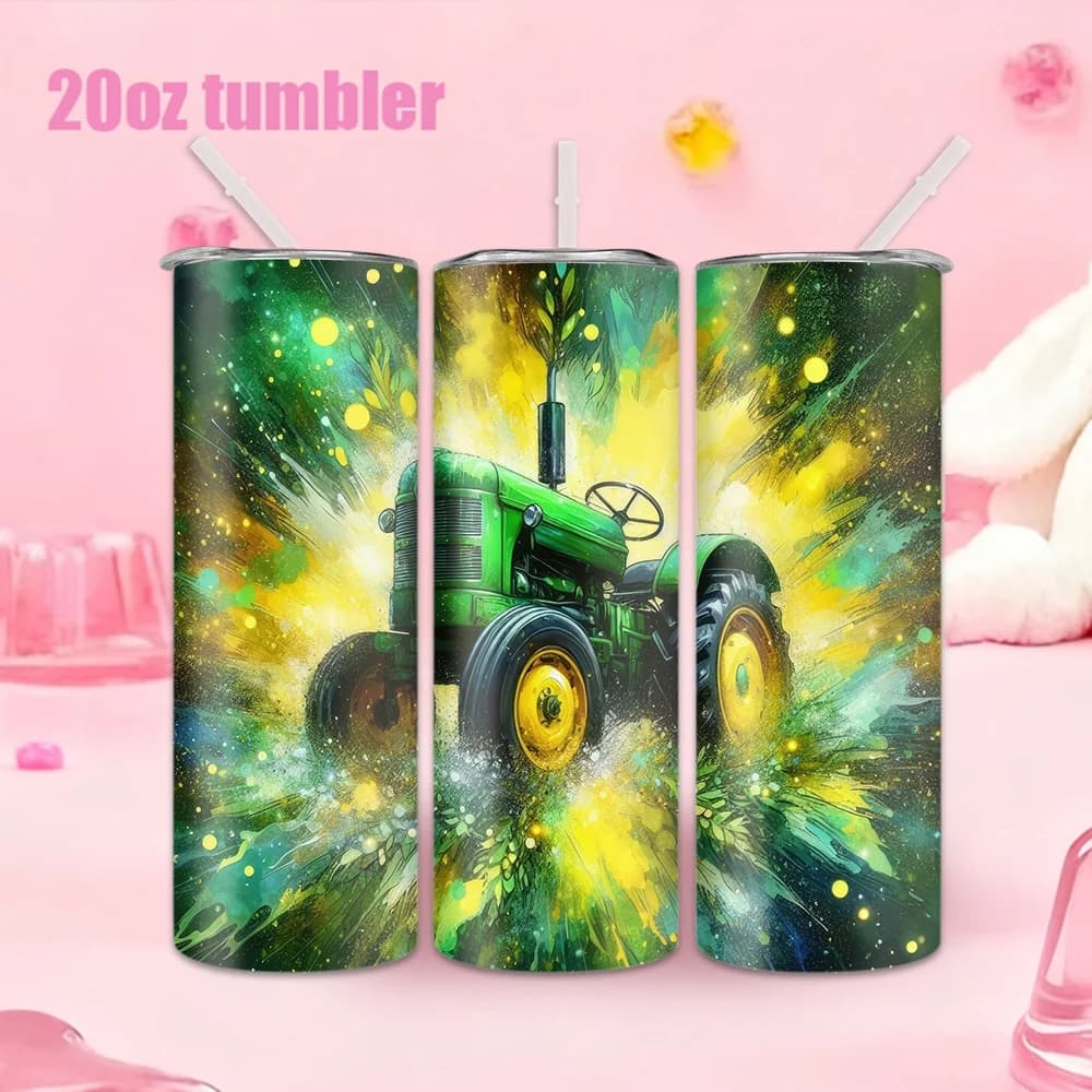 1 bottle / stainless steel plate with green tractor pattern that galope under sunlight - 20 ounces (591 ml) - Includes straw