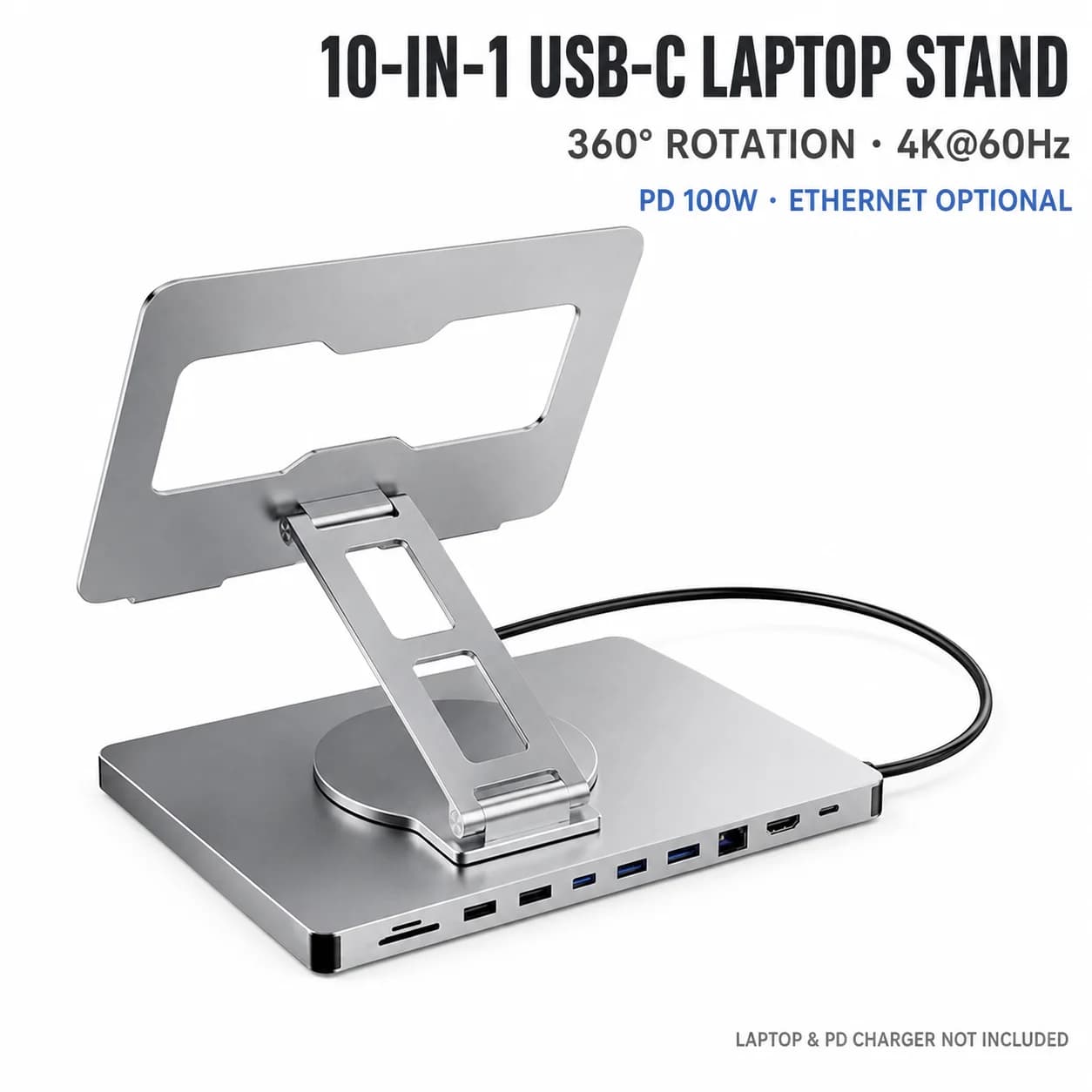 10 in 1 USB C Laptop Stand Docking Station 360° Rotating 4K 60Hz HDMI 100W PD SD TF Hub with Optional Gigabit Ethernet