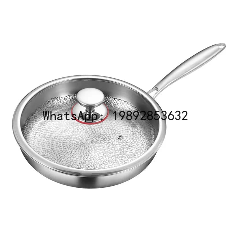 Hammered finish flat-bottom frying pan - pure titanium stainless steel tri-ply construction - heavy-duty non-stick for home use