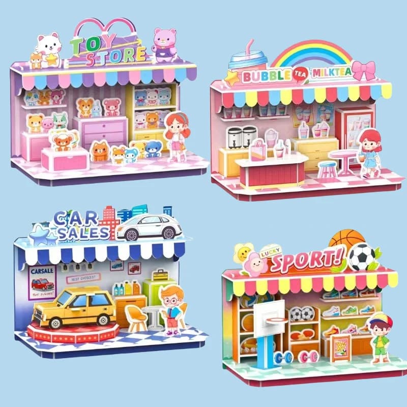 Minimarket puzzle 3D, negozio di auto, negozio di sport, negozio di giocattoli, modello di assemblaggio puzzle puzzle fai da te