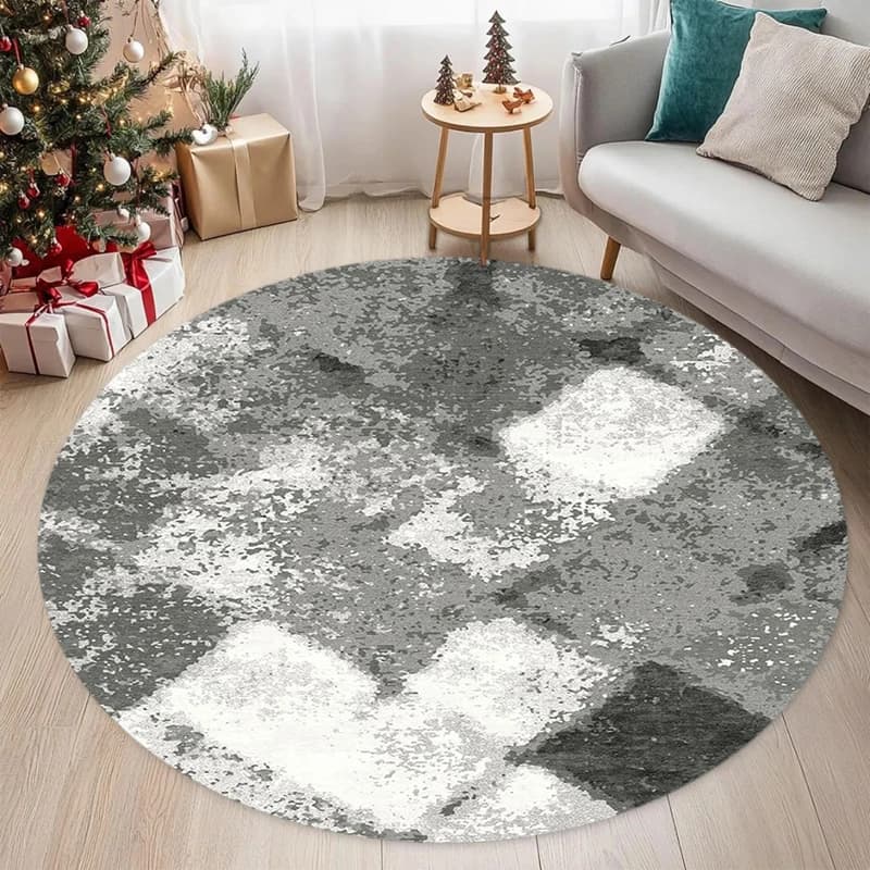Tappeto Rotondo Astratto Antiscivolo Lavabile con Design Grigio e Bianco Effetto Invecchiato, Tappeto Minimalista per Soggiorno e Camera da Letto