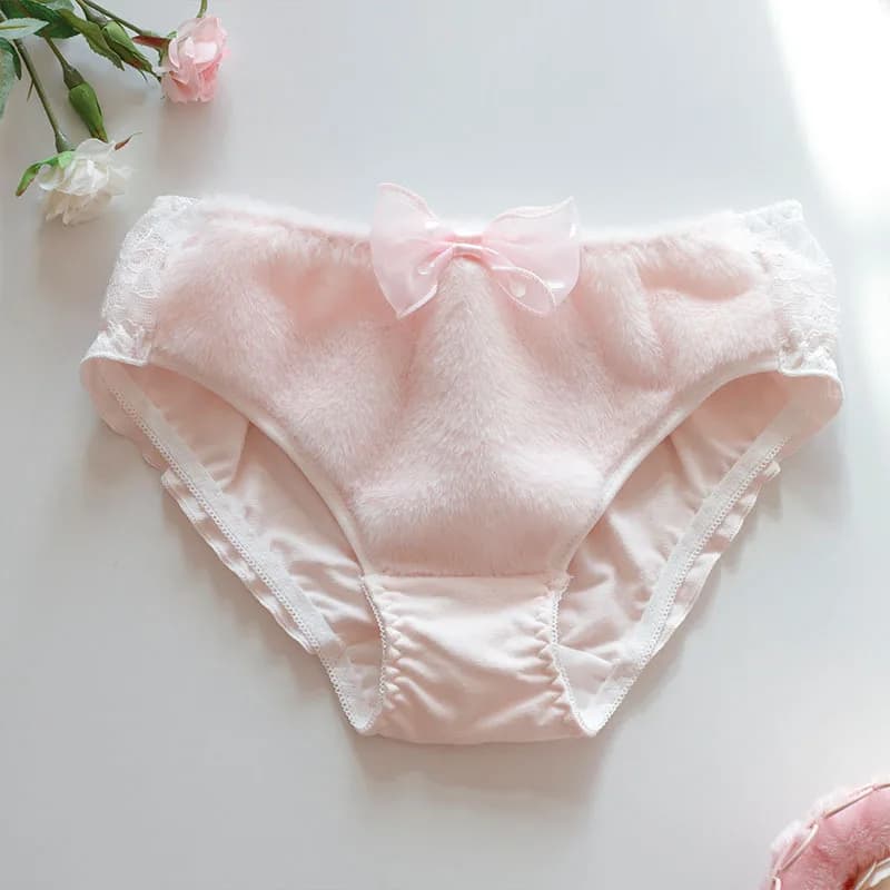 Women Winter Cotton Warm Underwear Hairy Cute Lovely Sweety Bow Princess Style Panties Lolita Sexy Lace Hollow Straps Breifs