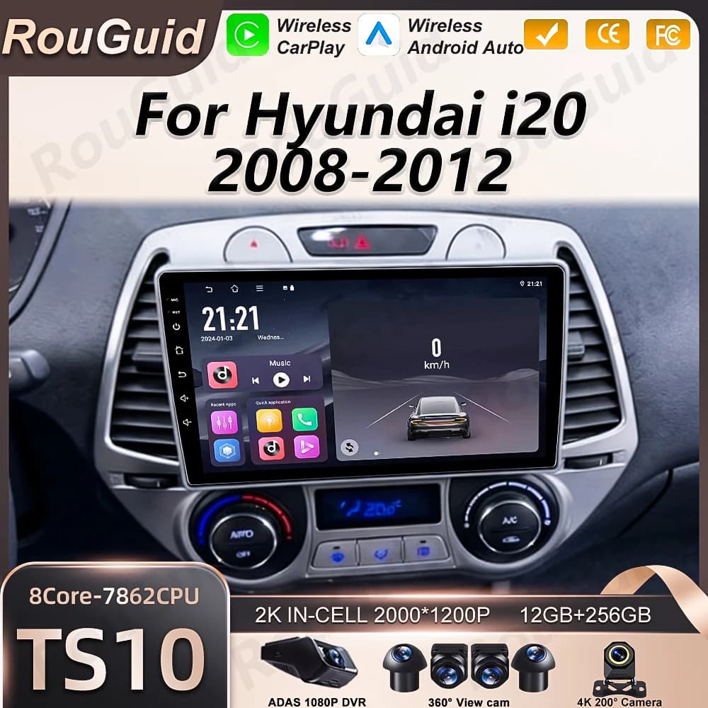Autoradio multimedia Android 16 for Hyundai i20 2008 2009 2010 2011 2012 with Carplay, multimedia player, GPS navigator, DSP, Bluetooth and touchscreen.