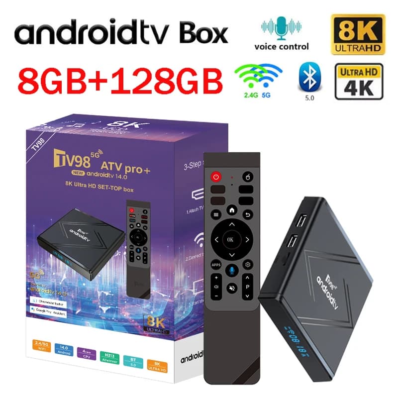 TV98 ATV Pro Plus Smart TV Box 4k 8K HD 4G 5G Dual WIFI BT5.0 Lettore multimediale remoto vocale 8GB 128GB Allwinner H313 iptv Android 14