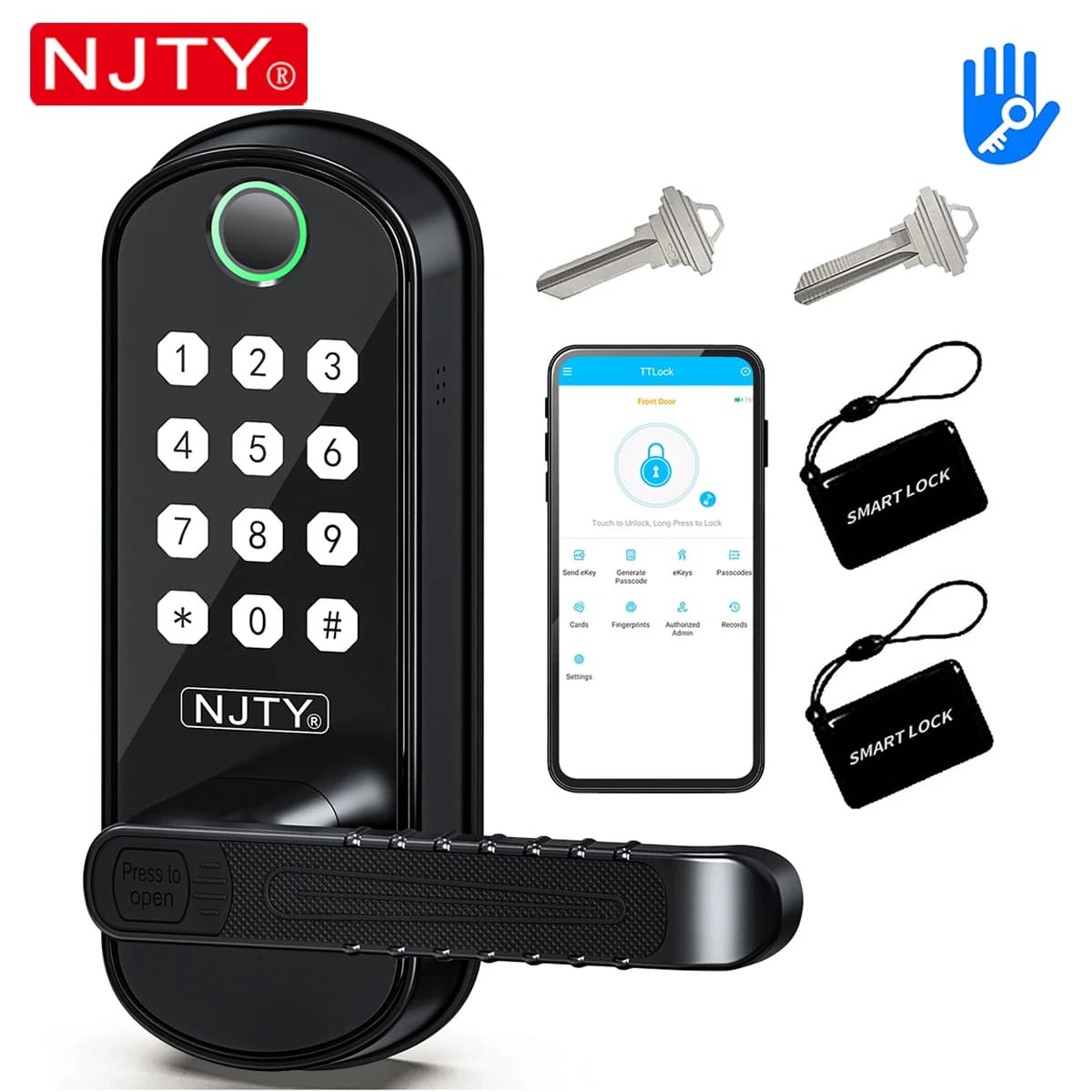 NJTY Serratura per impronte digitali Sblocca tramite impronta digitale/scheda/app/password/NFC/chiave Serratura elettronica antifurto per camera da letto/esterno